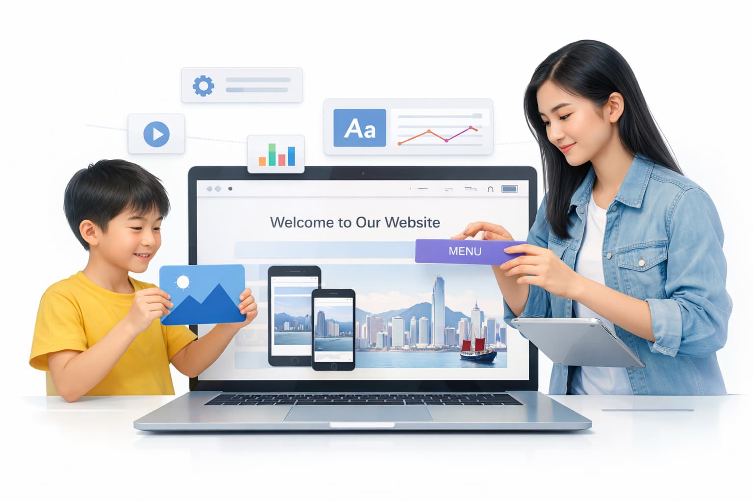 Child and teen building a website together on a laptop